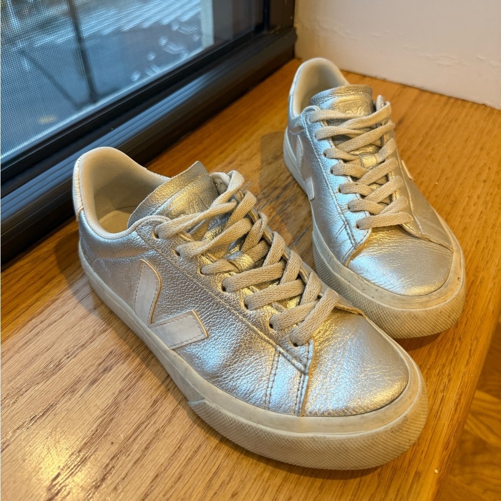 Veja Campo Metallic Silver White Sneakers | Size 35 | US 5